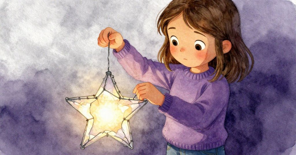 Gemma專注修補星形燈籠，鏡頭特寫展示她靈巧雙手調整鋼絲與紙片，細節豐富展現創作情感