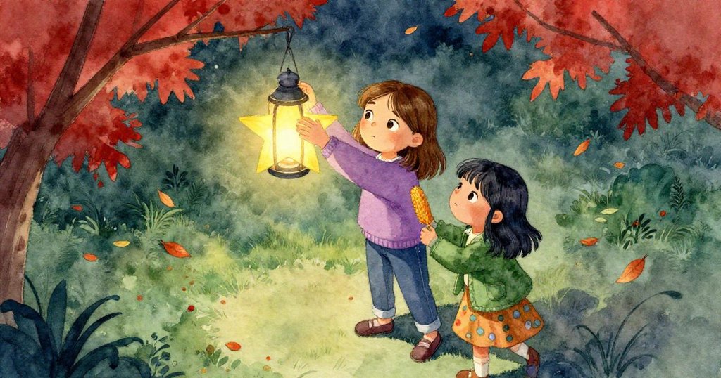 從高角度眺望，Gemma邊吃玉米邊調整燈籠，Clara扶持她，昏暗中展現互助與專注情感