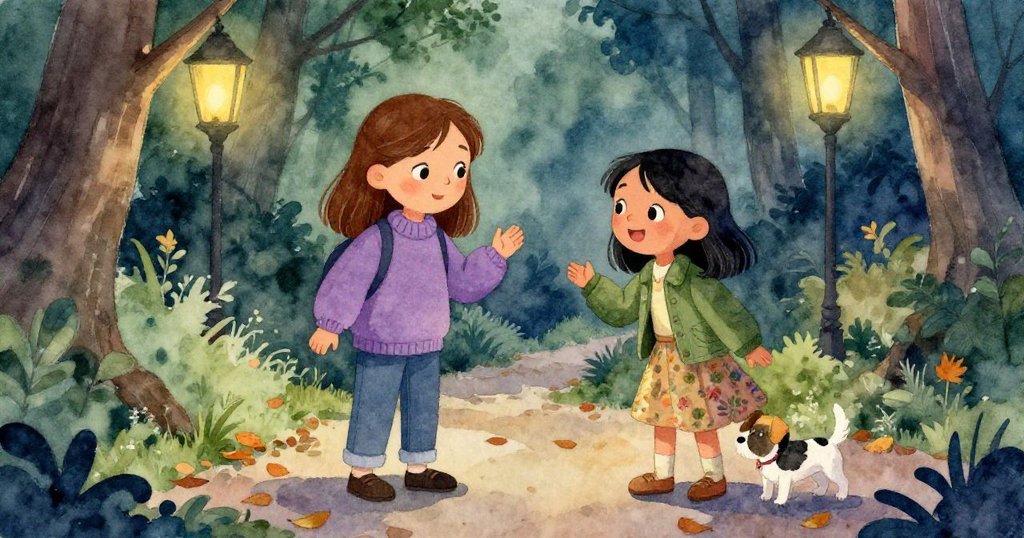 Gemma、Clara與小狗歡快互動，燈籠路上因小狗撞擊產生短暫混亂，臉上即時展露出關懷與喜悅