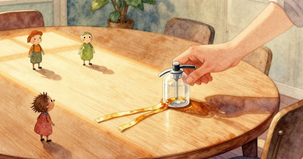 Olive的手特寫展示出膠帶從透明分配器上緩緩流出，桌面散發著焦糖般的光澤，她表情專注