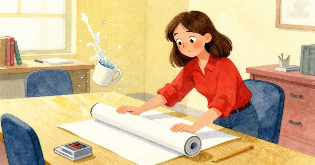 Olive在傾斜視角下拉展捲起的海報，旁邊的圓柱狀咖啡杯被輕觸，水流優雅橫越發光桌面，她神情專注