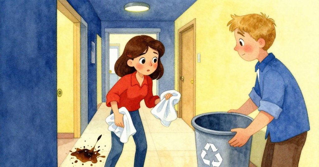 Olive在走廊用毛巾清理著濕漬，Quinn在旁協助持著回收箱，背景隱約顯示冒氣咖啡機，皆流露出專注神情