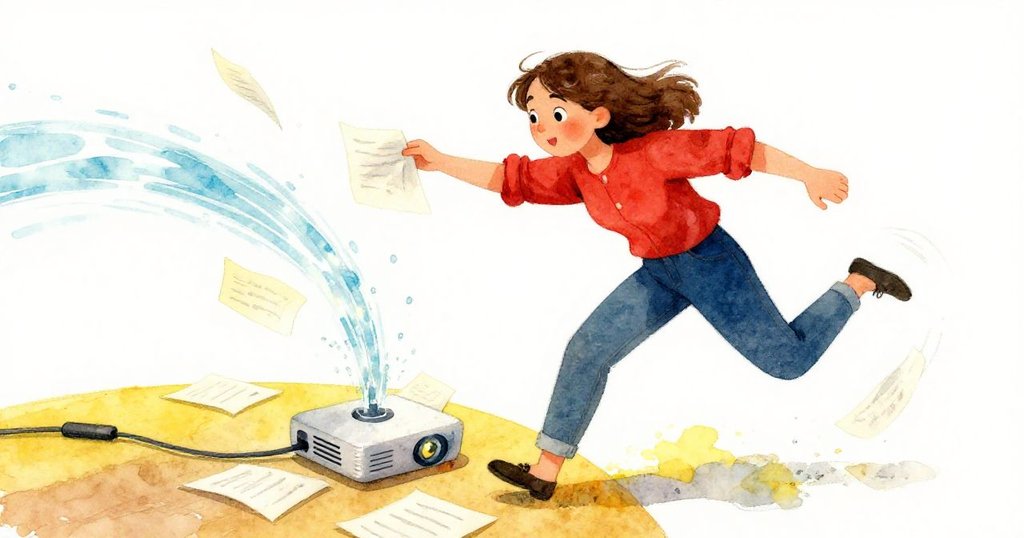 Olive急速行動中，用便條紙中斷桌上流動的水帶，水珠映出晚光，她動作果斷，場面充滿動感