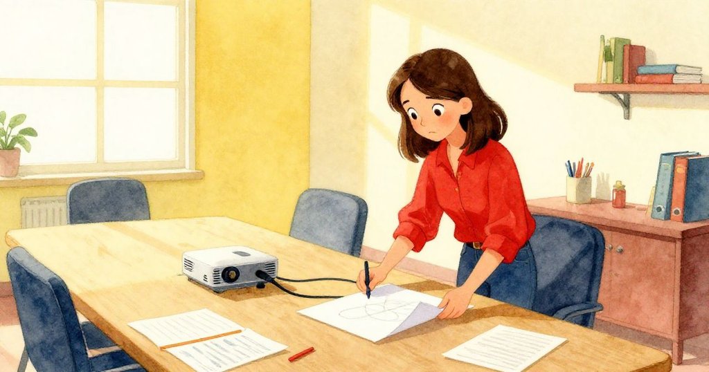 Olive穩定地完成整理工作，用膠帶固定投影線，桌上文件重歸整齊，分配器隨通風輕輕搖晃，整個空間恢復平靜