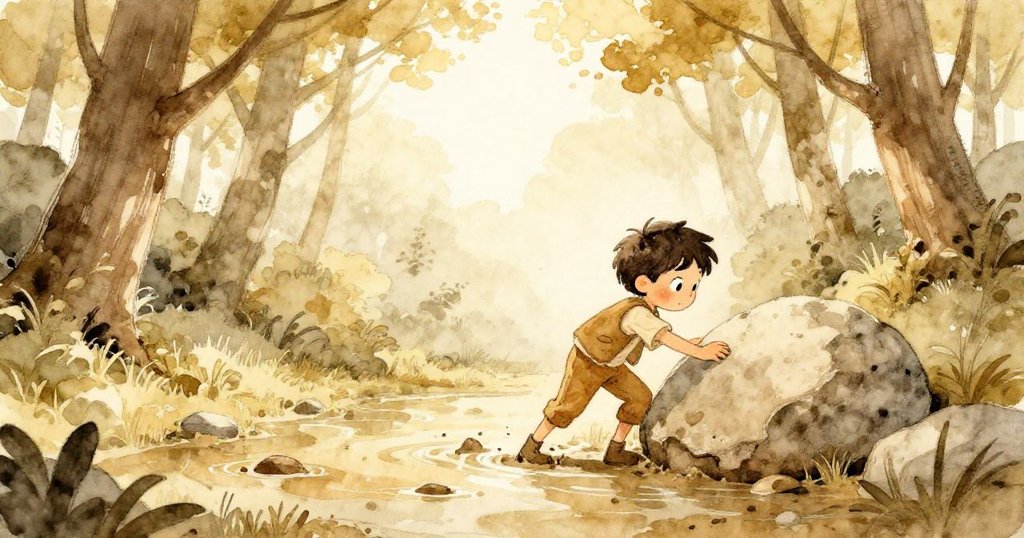 拉克於森林中敲擊岩石，水波隨光線閃動，展現探索冒險的起始情景與期待之情。