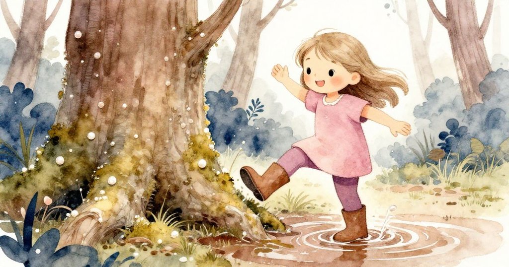 珍珠站在苔蘚樹幹上，水花飛濺映襯著濃綠苔蘚，細膩展現森林細節與冒險動作。