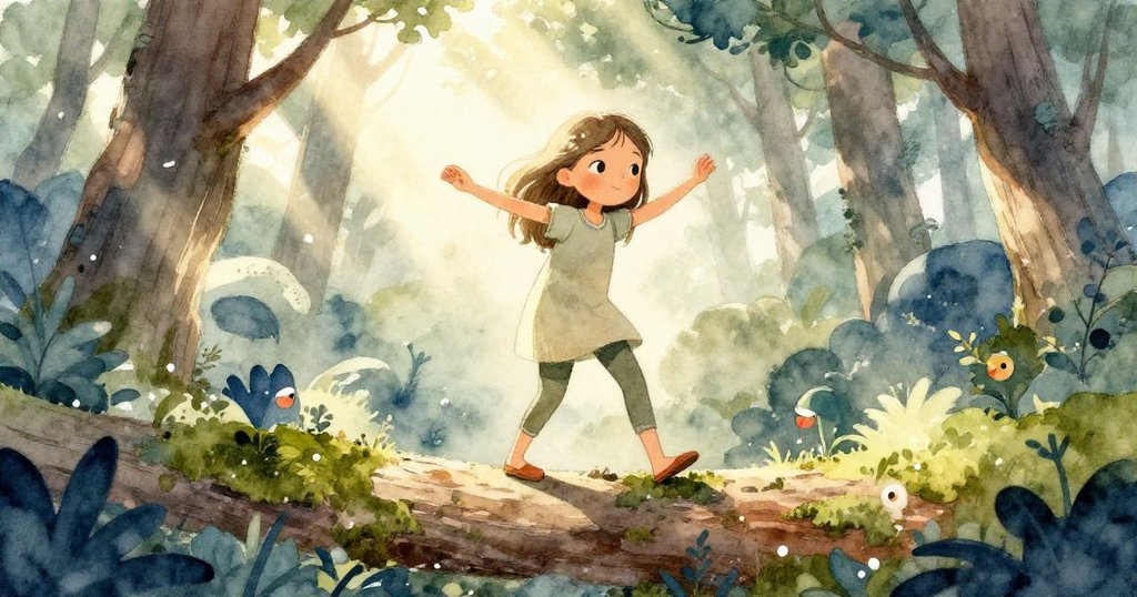 珍珠於綠蔭森林中低角度平衡苔蘚樹幹，陽光穿透樹冠，展現努力與勇敢情感。