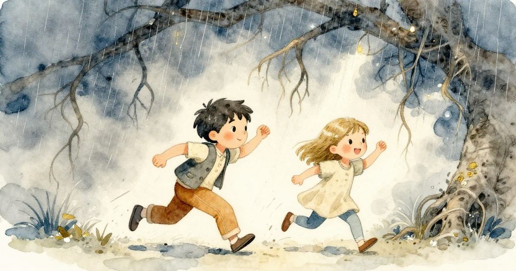 拉克與珍珠在突如其來的雨中急奔向根牆避雨，霧氣瀰漫，動態展示冒險中的歡樂與緊迫感。