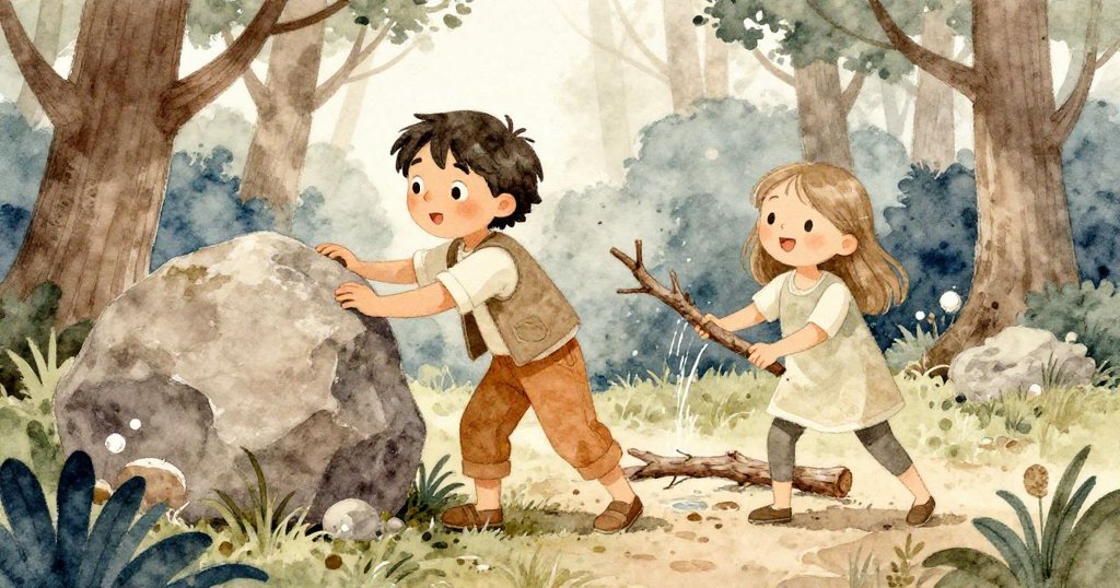 拉克與珍珠協力調整岩石與水流，留下閃亮足跡，呈現雨後清新的森林合作場面。