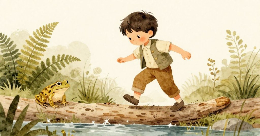 拉克謹慎走過木頭橋，水印閃爍間青蛙從蕨類旁悄然現身，呈現冒險結束後的平靜與新啟程。