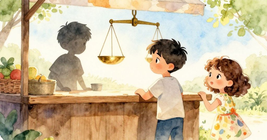 Trent和Lily在露天果攤前，剪影映襯在金色晨光中，Trent靠著木櫃台，Lily站立期待，展現故事開端。