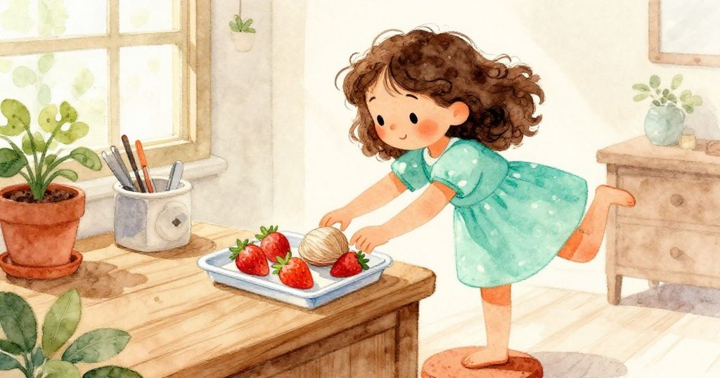 Lily在果攤木櫃台上輕盈站立，專注伸手取下冷感草莓盒，動作細膩展現故事發展初期的緊張與期待。