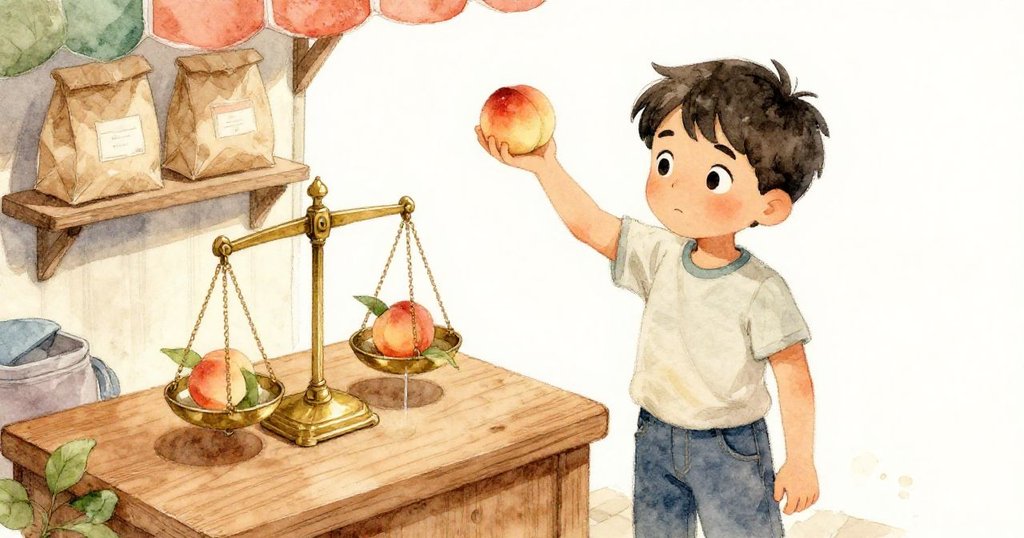 從上方俯視，Trent低頭調整水蜜桃與紙袋位置，展現內心緊張與專注，果攤環境細節豐富。