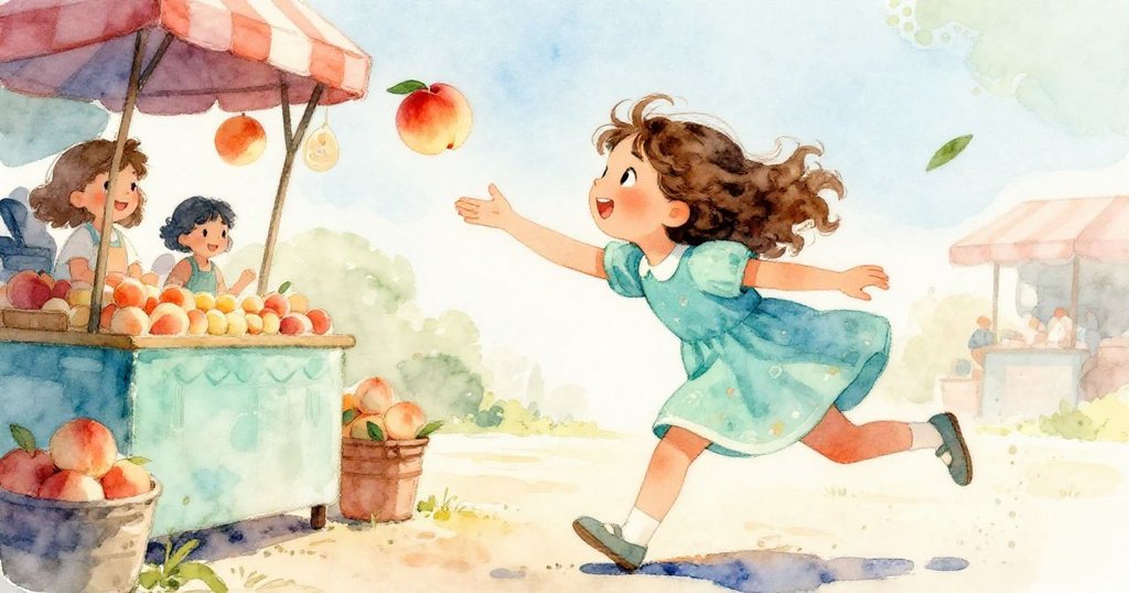 Lily在攤位轉角迅速俯身接住從Trent手中滑落的水蜜桃，緊張動感中展現關鍵轉折與專注神情。