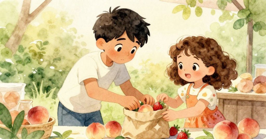 Trent與Lily攜手把水蜜桃與草莓整齊放入最後的紙袋中，臉上流露出合作與溫暖笑容，故事邁向和諧。