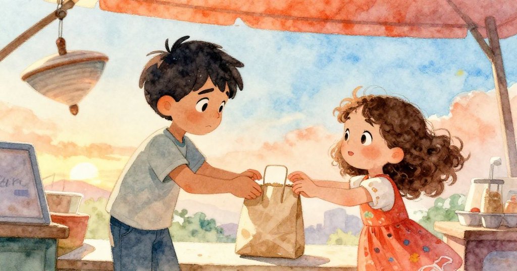 Trent和Lily在平衡後的紙袋前合手，背景中輕旋的紙軸帶來神秘與希望，故事以溫情與開放結局收尾。