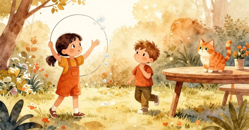 Stella揮動繩圈拋撒肥皂珠,Drake踏入庭院,姜毛貓靜立於木桌旁,明亮庭園充滿期待與活力。