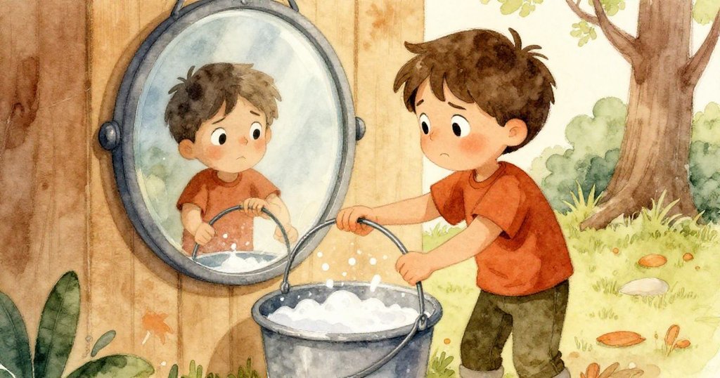 Drake專注調整金屬圓環於皂液桶中,液面倒映出他關切與驚奇表情,柔和光線營造靜謐氛圍。