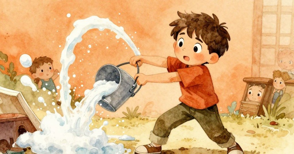 Drake果斷揮動桶子阻擋皂液流向速寫本,神情堅毅充滿決心,庭院中動作生動緊湊。