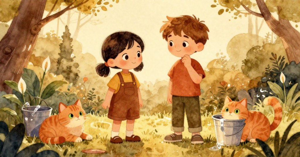 傍晚庭園中,Stella與Drake滿懷微笑離去,姜毛貓安臥於和平百合旁,桶上皂液緩緩流下,展現創作餘韻。