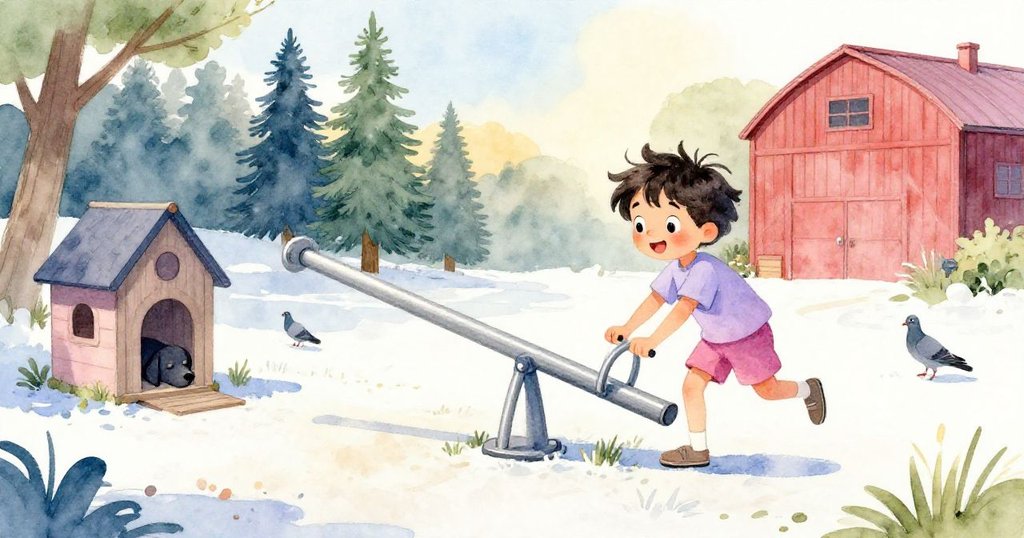 奧托在清晨溫暖陽光下跑向遊樂場的翹翹板,臉上充滿好奇與期待,背景有小屋、狗和倉庫。