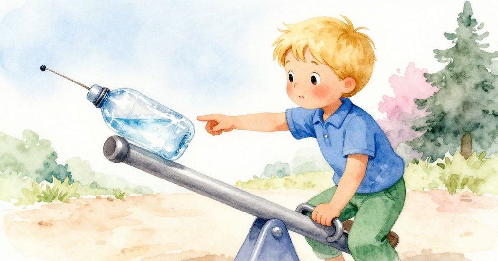 賈維斯在翹翹板低端專注伸手抓旋轉的水瓶,旁邊釣魚竿和沙地細節清晰,表情認真。