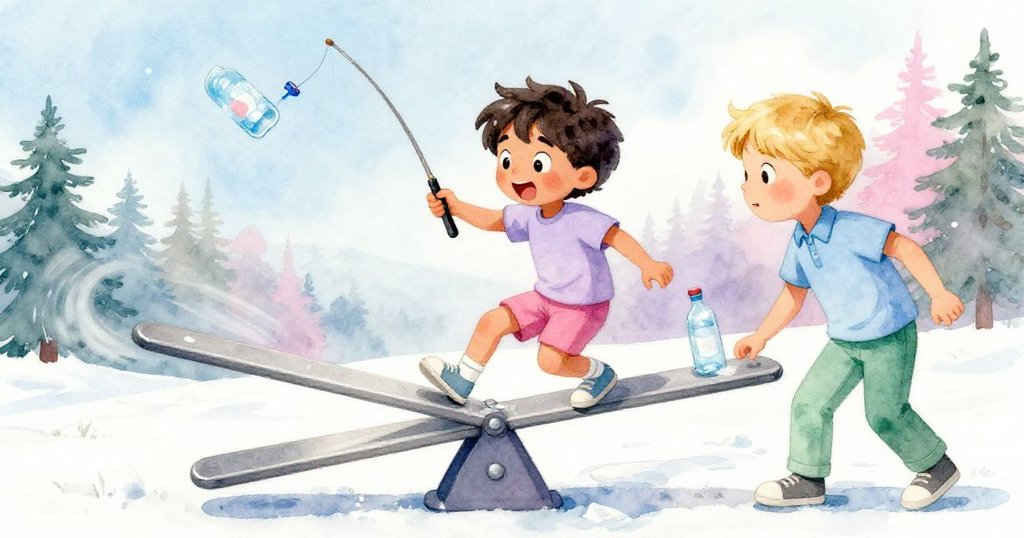 奧托驚訝地因膝蓋碰到釣魚竿而猛然一激,賈維斯迅速伸手抓取旋轉水瓶,動作生動活潑。