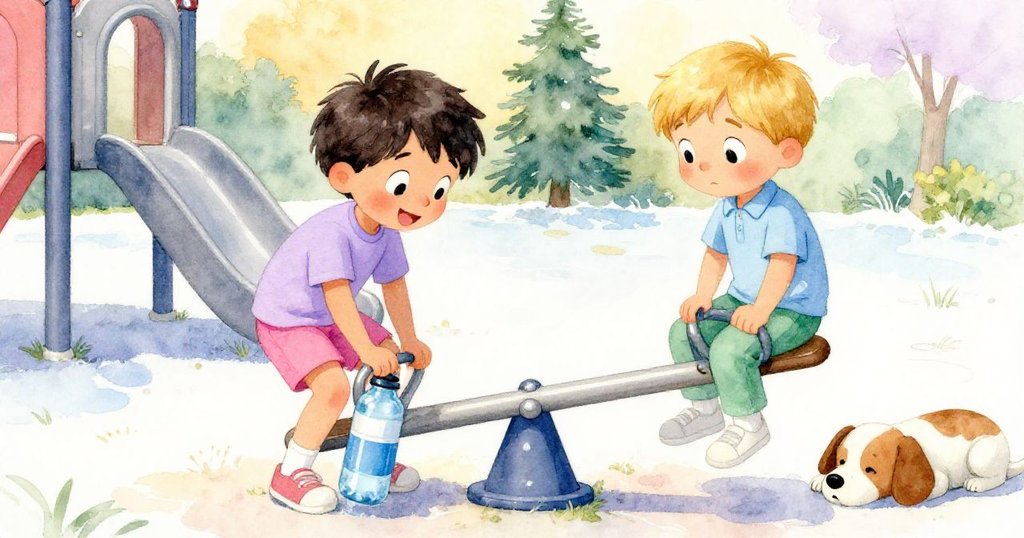 賈維斯輕放水瓶穩定翹翹板,奧托與沉睡的狗流露出輕鬆神情,場景溫暖平和。