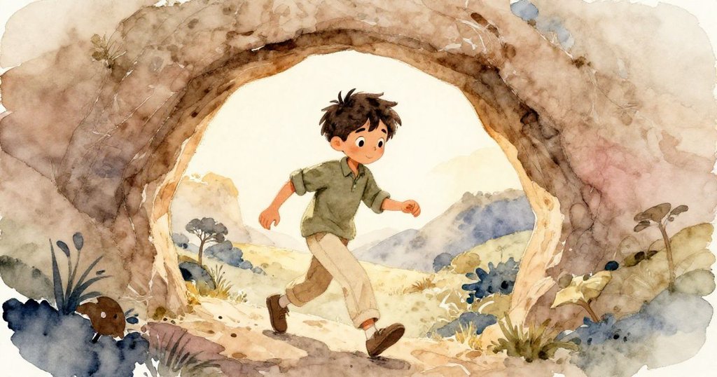 Joel踏入充滿古樸感的石灰岩門道,陽光溫柔灑落,他眼中閃爍著期待與驚奇,在空曠的戶外場景中。