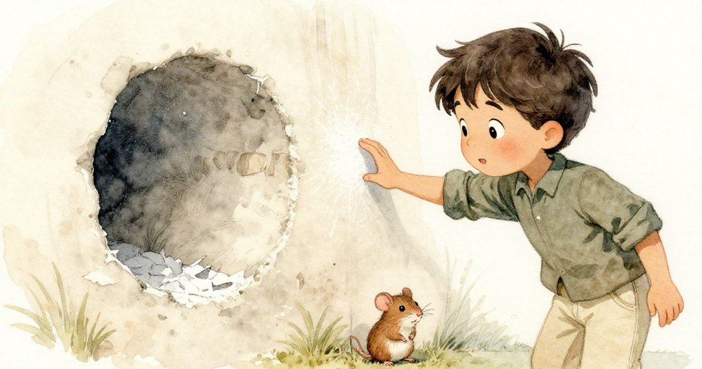 Joel仔細觀察缺塵的灰白石塊,伸手觸碰時發現一隻小田鼠探出鼻尖,環境空白卻充滿細節。