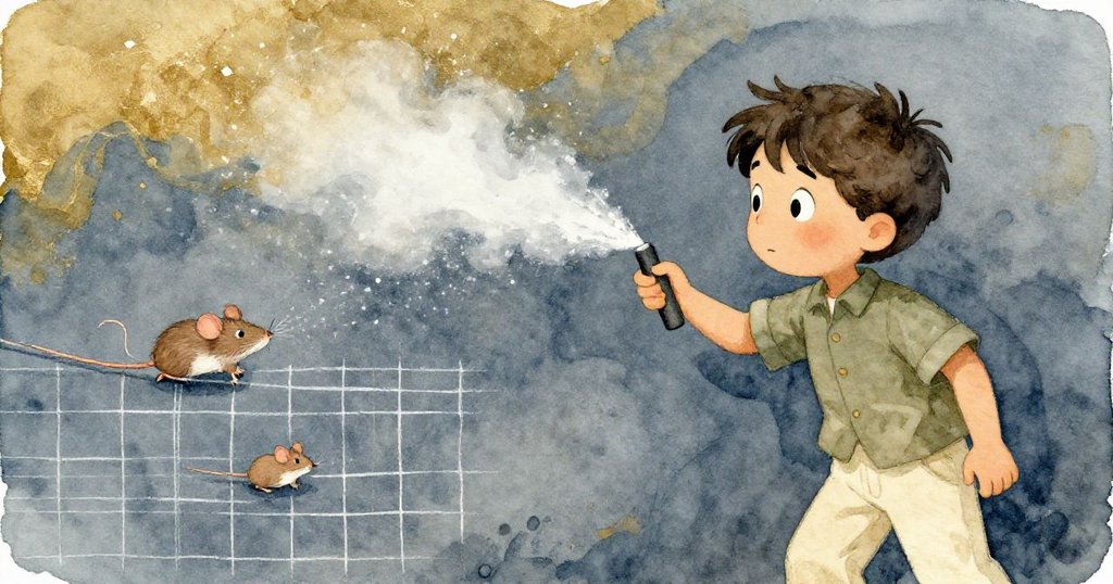 Joel動作專注噴灑輕霧,白石面上紛紛揚起塵埃,一隻小田鼠沿著網格線快步穿梭,構圖層次分明。