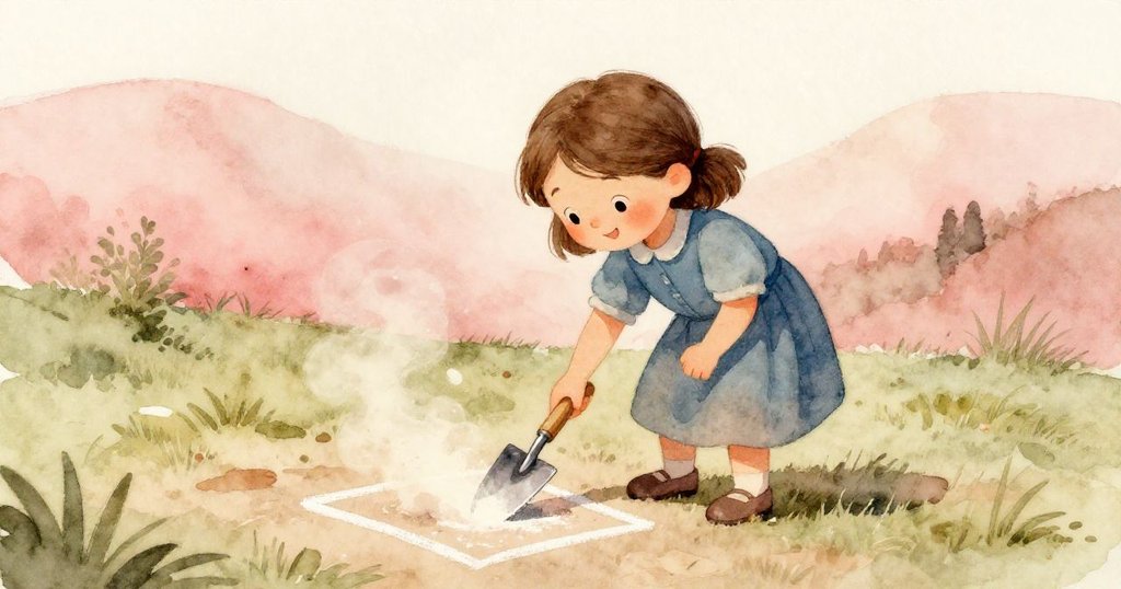 Hazel在戶外使用鏟子仔細挖掘石灰面,隨動作釋放出淡淡粉塵,背景呈現溫暖霞光與古樸環境。