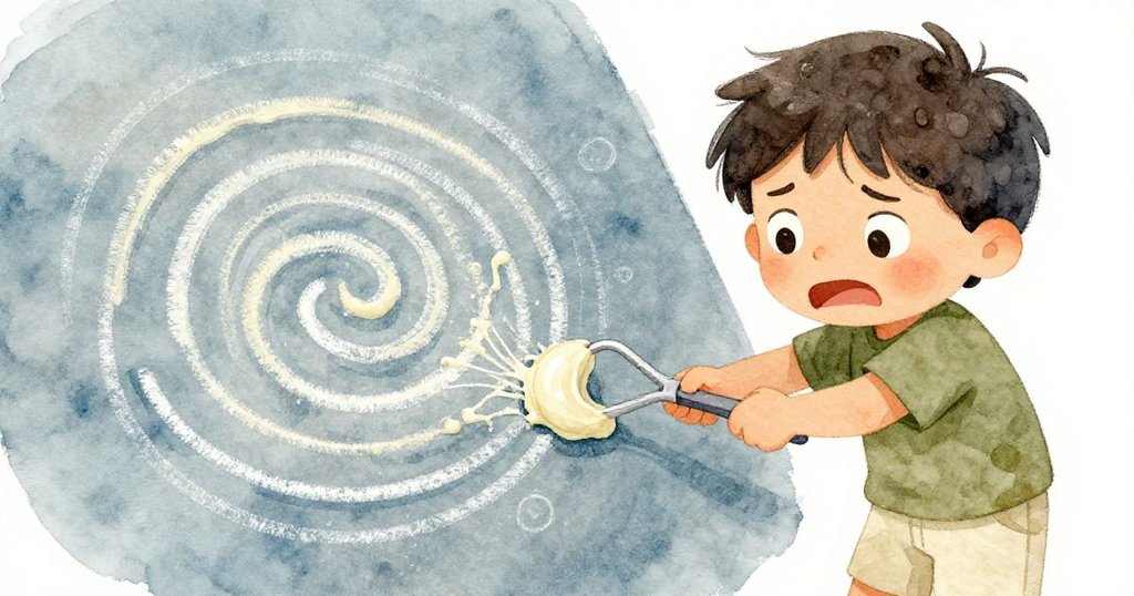 Joel眉頭緊鎖,用牙籤仔細刮除厚重黏膩的石灰漿,畫面特寫呈現苦澀與決心,細節真實感強。