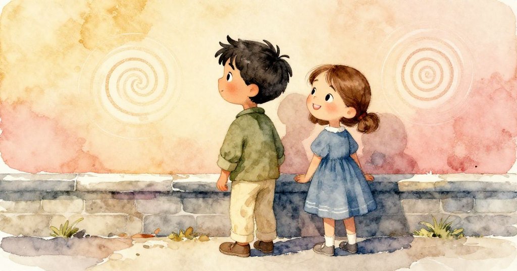 Joel與Hazel攜手站於石灰岩前,驚喜凝視著兩條精美螺旋線,彼此間流露出理解與和諧,溫暖光暈瀰漫全場。