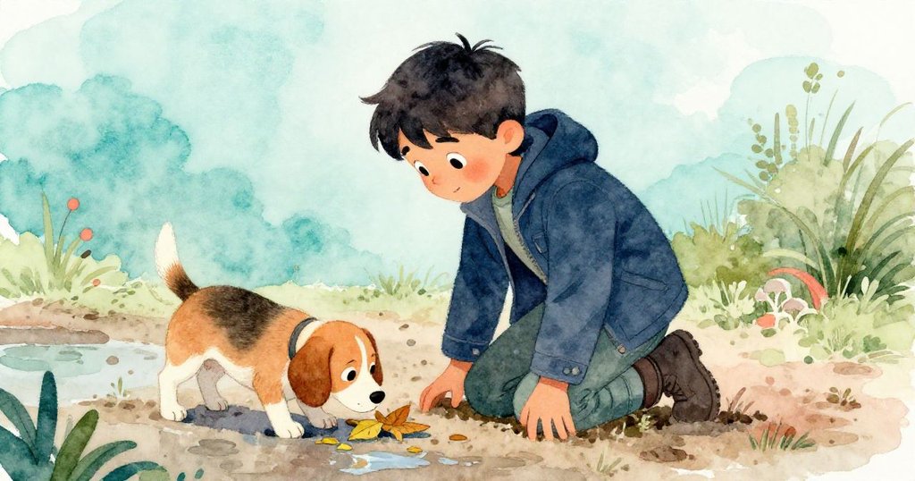 馬可跪在泥濘邊緣認真轉動陶片，小狗好奇嗅探落葉，晨光中呈現探索與期待情緒。