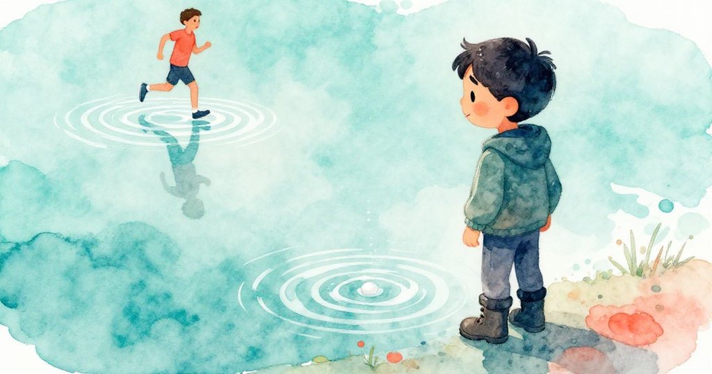 馬可站在鏡面水坑邊凝視水環，遠處跑步者激起水花破壞倒影，動態與寧靜交織。