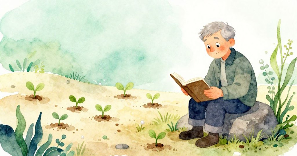 烏里克坐在石上安靜閱讀，嫩芽從沙泥中冒出，春光中展現自然重生與溫柔希望。