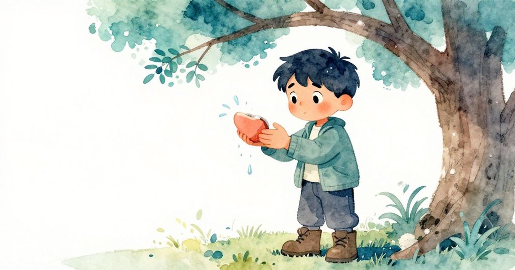 馬可站於樹枝下果斷抉擇，舉起陶片迎接清水拍打，展現堅定與勇敢轉變。