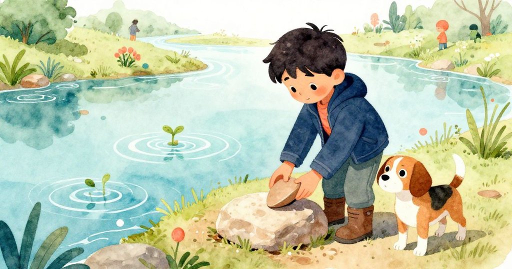 廣角畫面展現馬可將清淨陶片放在暖石上，小狗陪伴，烏里克隱於背景，自然細節豐富呈現全程探索。