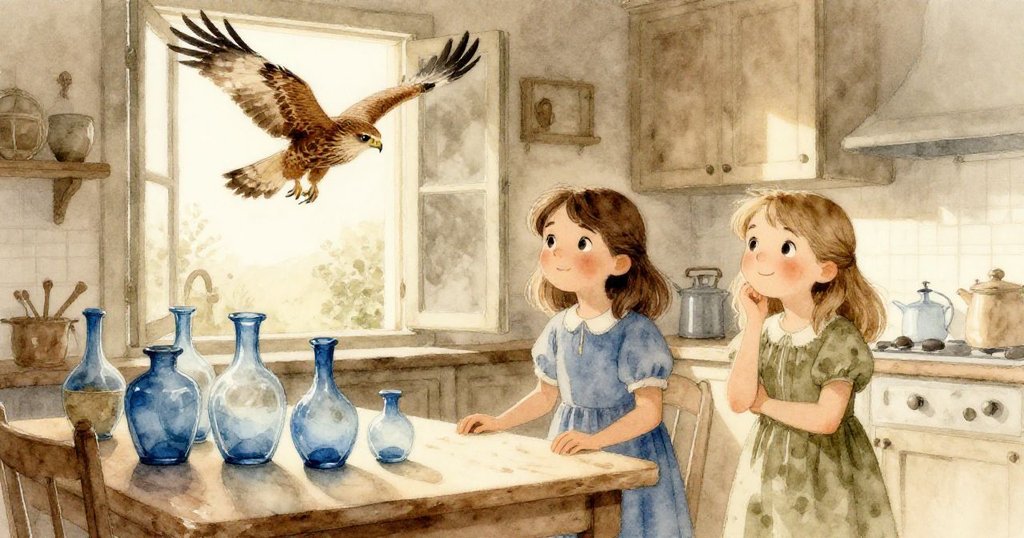 Wren與Maeve在溫馨廚房桌旁欣賞藍玻璃,窗外獵鷹掠過,陽光與影子交錯,兩人表情充滿好奇。