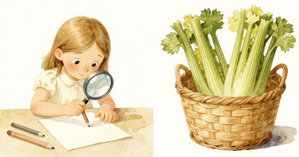 Maeve用放大鏡敲打筆記本,鉛筆輕滾;籃中芹菜展現紅黃細紋,分鏡呈現專注與觀察。