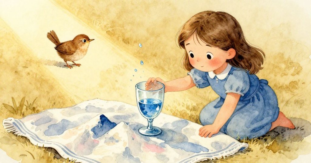 Wren輕推藍玻璃迎向溫暖陽光,水滴灑落形成不規則山形,神情流露發現與驚喜。