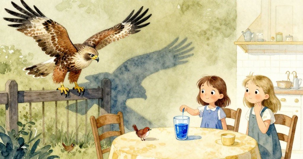 獵鷹優雅降籬笆,陰影穿越桌面使藍水變深,Wren與Maeve注視動態光影,場景充滿活力。