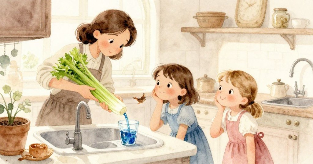 成人在切板上修剪新鮮芹菜,Wren與Maeve注視染料最後融合藍玻璃中,廚房裡光影溫馨又滿足。