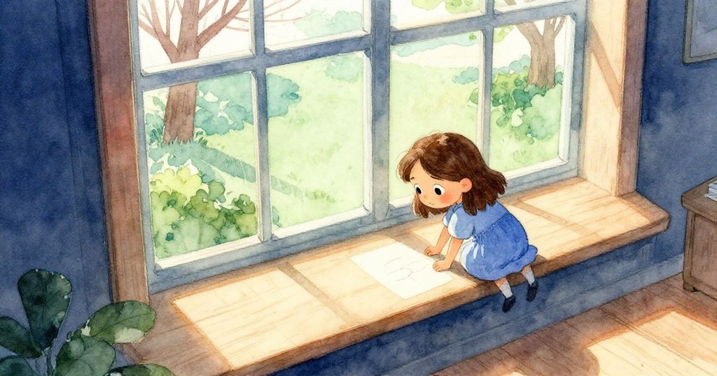 Yara彎身於陽光照射的窗台上輕觸木板上的淺痕，臉上充滿專注好奇，室內溫暖光線與遠處公園交織。