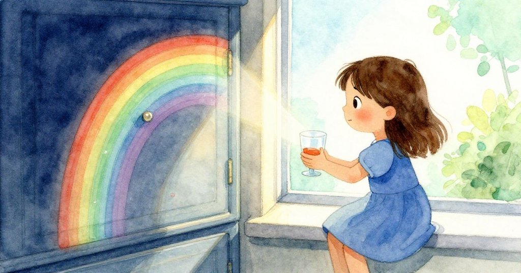 Yara輕推飲料杯在窗台上移動，隨之映出溫暖光線下的彩虹，臉上流露出驚喜與專注，充滿詩意。