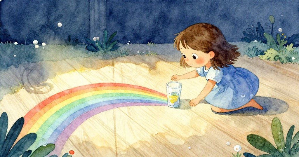 小麻雀站在窗台上低角度觀察Yara滑動飲杯與地板上展現的彩虹，牠眼神充滿好奇，柔和陽光映出細膩色彩。