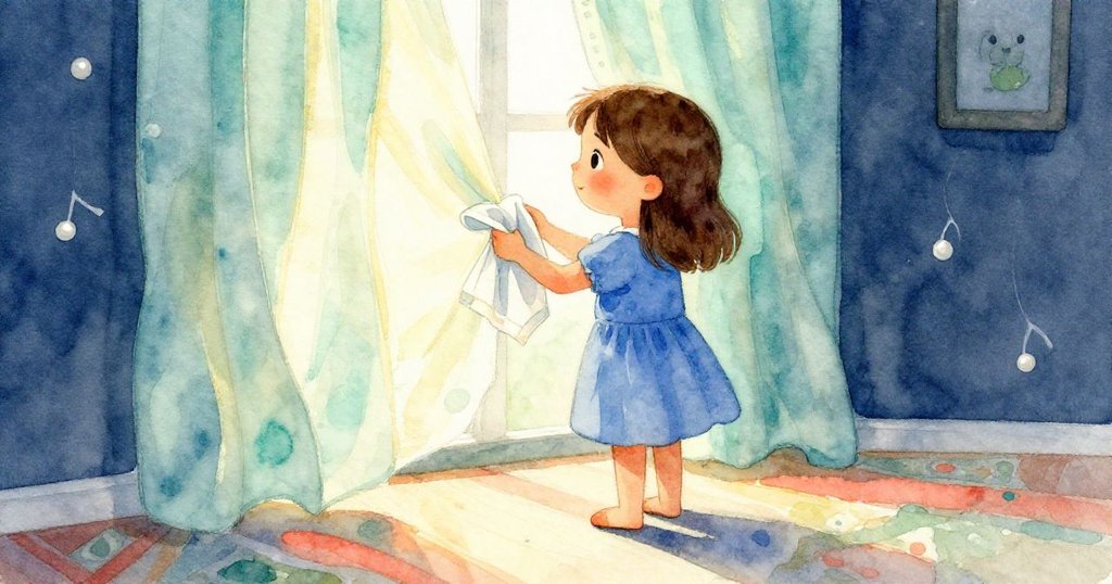 Yara在另一溫馨房間內調整桌布於窗簾下，柔和光線透入，地板上再現細膩彩虹，神情專注而溫柔。