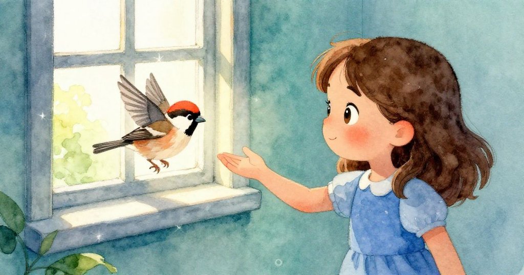 Yara伸手輕邀窗外小麻雀靠近，兩者在暖光中互動，展現細膩溫情與對自然的關愛。