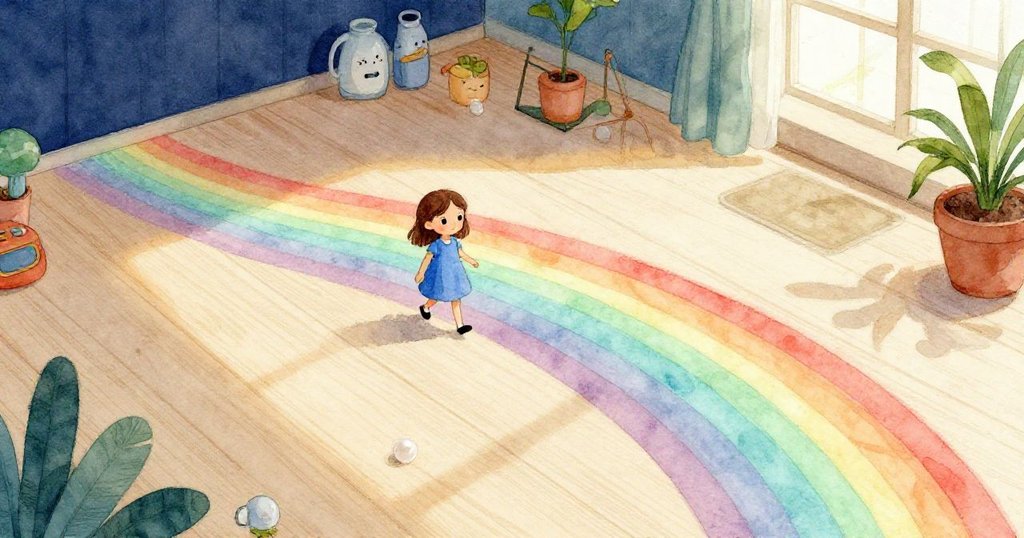 高角度俯瞰整個房間，Yara身形細小卻獨具韻味，彩虹輕舞於木地板上，光影交錯呈現溫暖故事。